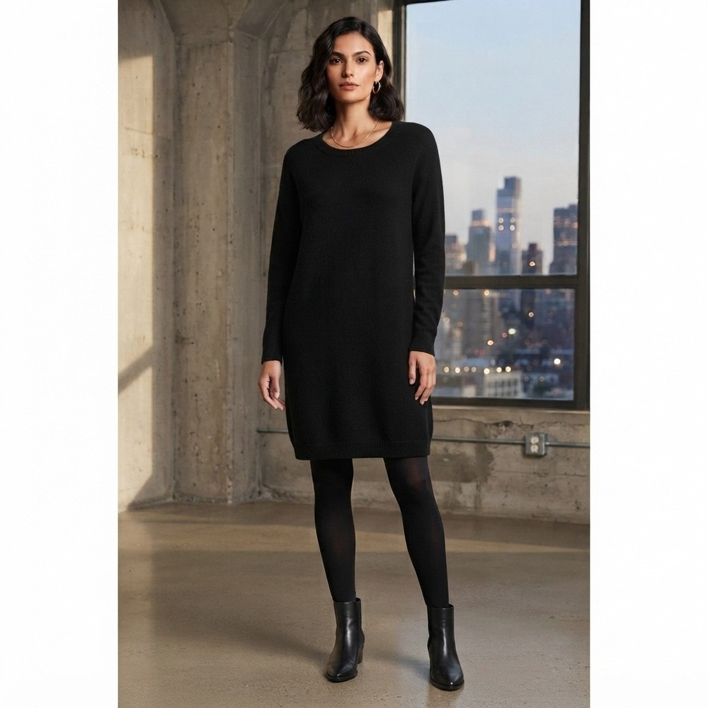 Vince Wool Cashmere Sweater Dress Long Sleeve Shift Scoop Neck Black Large